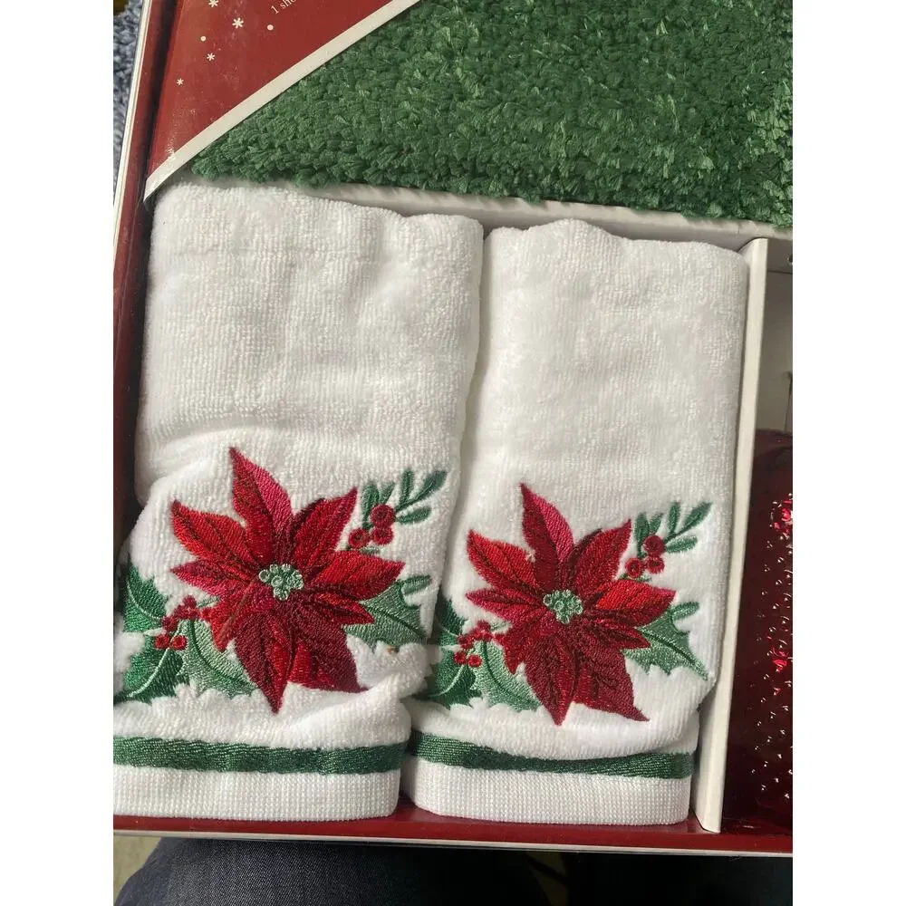 Holiday Time 5 Piece Bathroom Set featuring a poinsettia design. New
